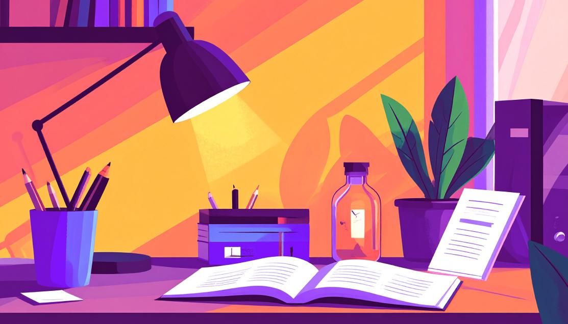 An AI-generated illustration of a desk with writing materials and a lamp on it.