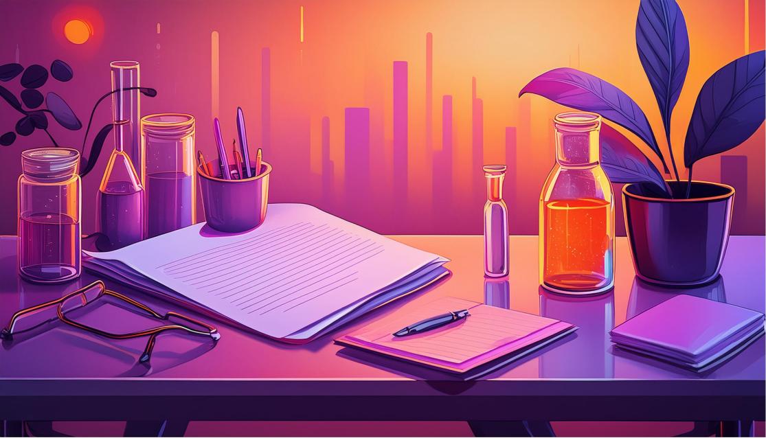 An AI-generated illustration of a desk with writing materials and pharmaceutical bottles on it.