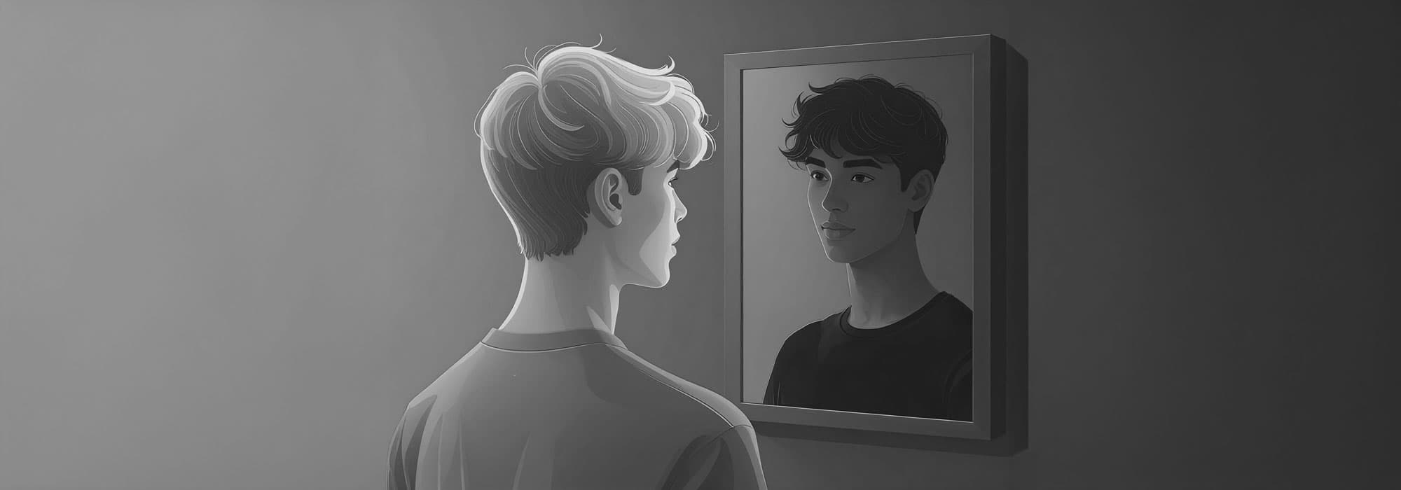 A grayscale illustration shows a person looking into a mirror that reflects a different-looking face, symbolizing AI bias and distorted representation. The contrast between the real figure and the altered reflection highlights how biased algorithms can produce inconsistent or misleading outputs.