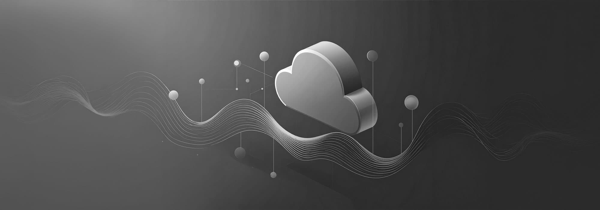 A monochrome illustration shows a cloud icon connected to flowing data lines and nodes, representing responsible AI and controlled data processing. The structured network and smooth waveforms emphasize transparency, governance, and ethical handling of AI systems.
