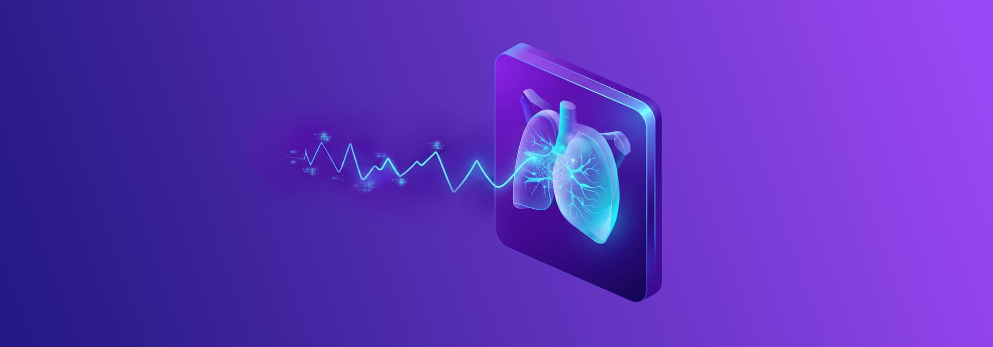 A vibrant digital illustration shows a 3D medical display featuring a human heart connected to a flowing data waveform, representing innovation in healthcare through AI. The glowing interface and real-time data visualization highlight advanced AI-driven insights for monitoring and improving patient health.