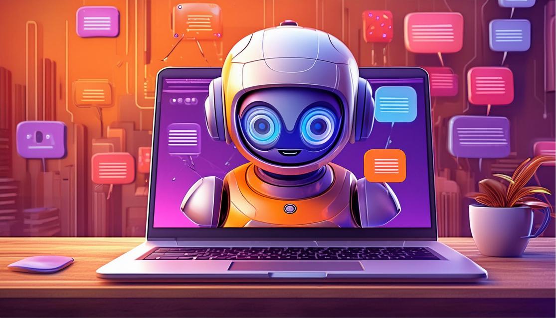 An AI-generated illustration of a robot coming out of a laptop screen surrounded by speech bubbles.