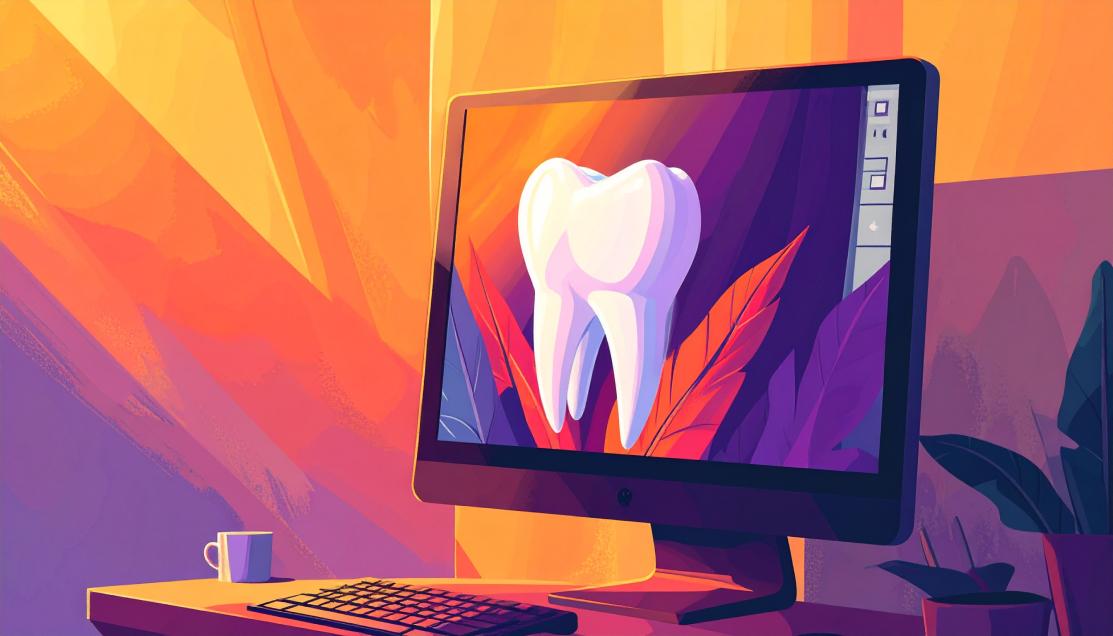 An AI-generated illustration of a desktop computer screen showing an image of a tooth.