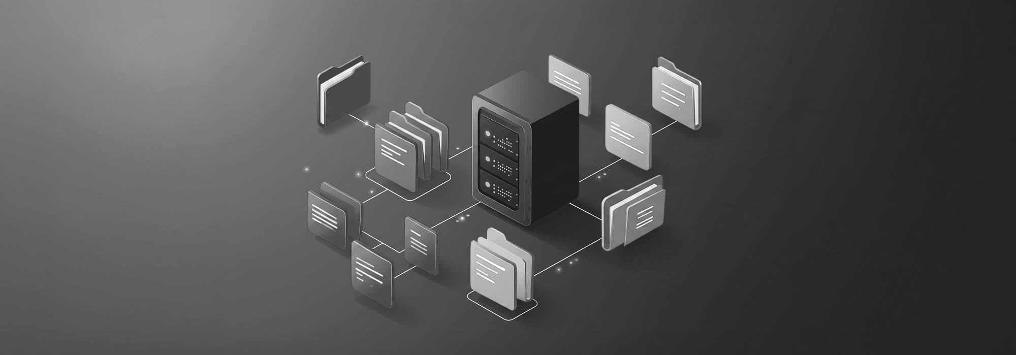 A monochrome illustration shows a central server connected to multiple digital folders arranged in a network, representing organized data storage and distribution. Thin lines link each folder to the server, with small glowing points highlighting data flow across the system.