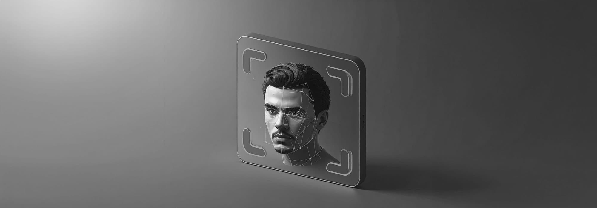 A monochrome illustration of a human head with points indicating facial landmarks to represent AI facial recognition technology.