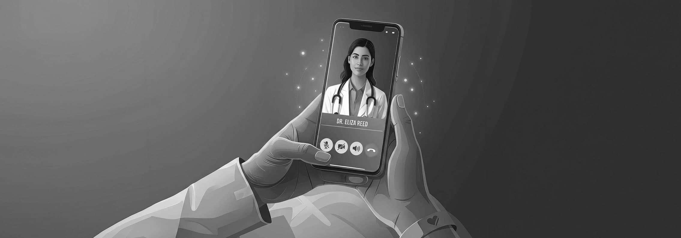 A grayscale illustration shows a person holding a smartphone displaying a telehealth video call with a medical professional wearing a lab coat and stethoscope. The screen includes call controls, and soft glowing particles around the device emphasize a digital healthcare interaction.
