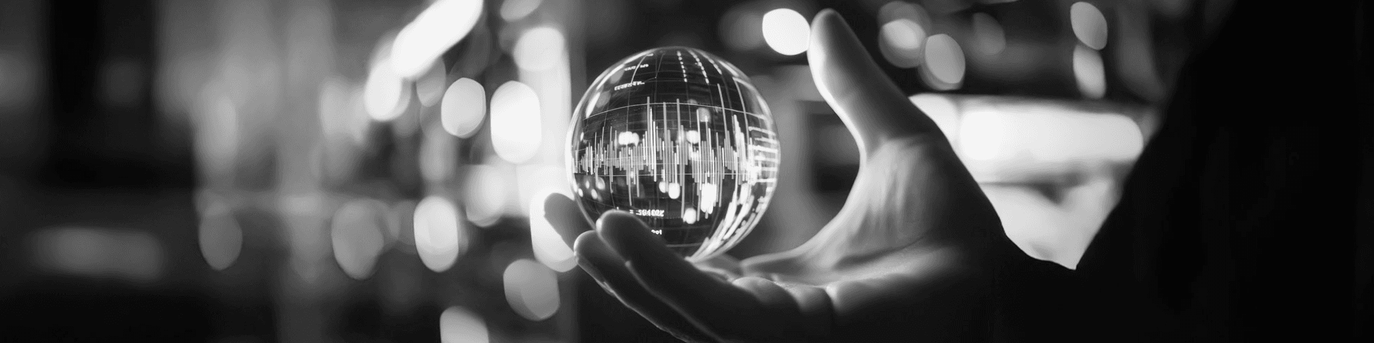 An AI-generated illustration of a hand holding a glass ball with a sound wave and lines of numbers reflected in it on a soft-focus background.