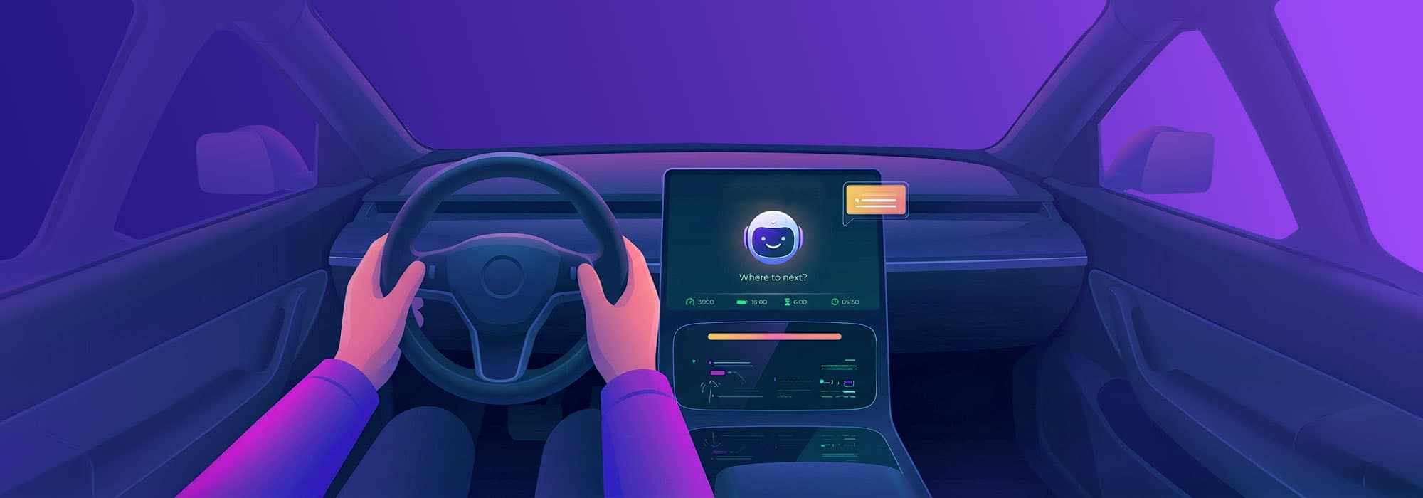 A futuristic car interior shows hands on a steering wheel with a central AI-powered dashboard displaying a virtual assistant and navigation data, highlighting automotive voice AI for in-vehicle interaction. The interface includes real-time metrics and a prompt reading “Where to next?”, emphasizing intelligent, voice-driven driving experiences.