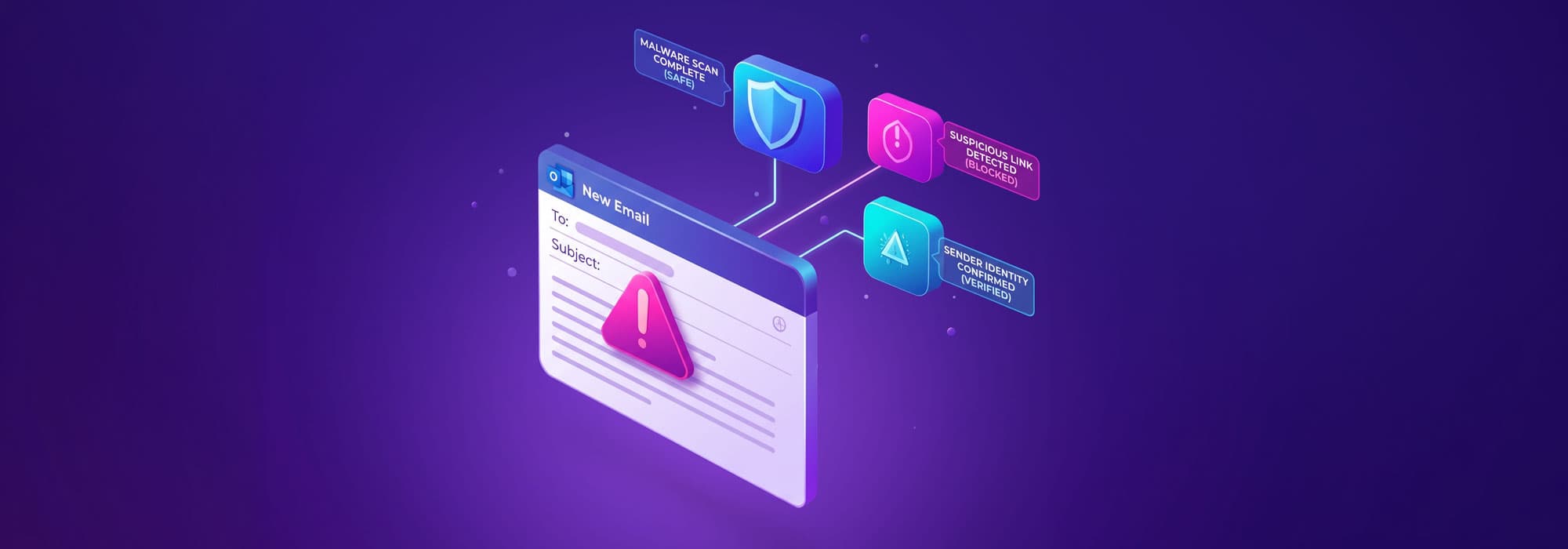 A vibrant isometric illustration shows an email interface flagged with a warning icon alongside connected security labels, representing email labeling for threat detection. Indicators such as “malware scan complete (safe),” “suspicious link detected (blocked),” and “sender identity confirmed (verified)” highlight AI-driven email security.