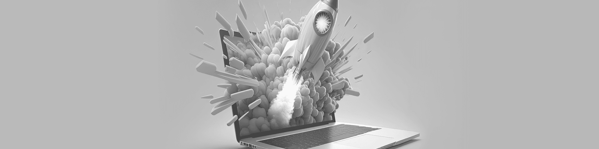 A monochrome illustration of a rocket ship blasting off through a laptop screen, suggesting the rapid and powerful evolution of generative AI.