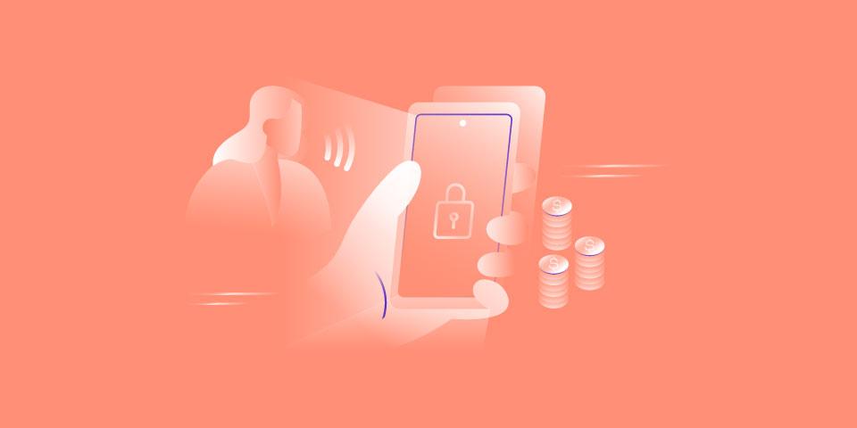 An AI-generated illustration of a hand holding a phone with a padlock symbol on the screen surrounding by stacks of coins.