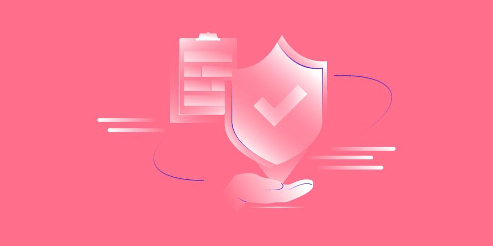 An AI-generated illustration of a protective shield with a check mark in the center being held in the palm of a hand.