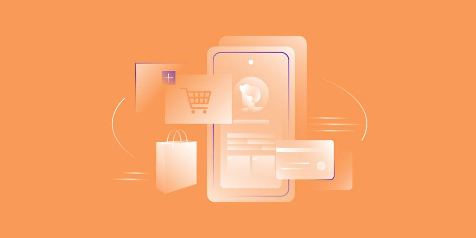 An AI-generated illustration of a smartphone with an e-commerce site on the screen and surrounded by shopping icons.